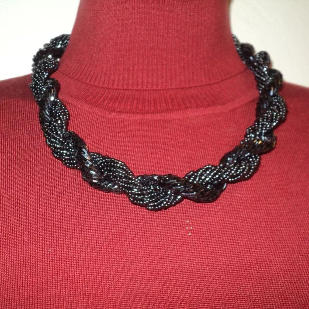 Necklace Czech Seed Bead Twisted Strand Rope Black 18" L + 2.5" Extender Vintage